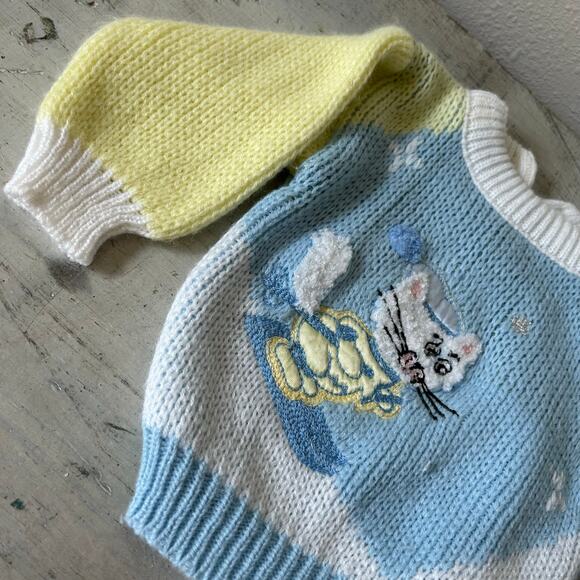 Vintage knit sweater embroidered skiing cat 70s 80s baby    3 / 6 months retro - Picture 6 of 13
